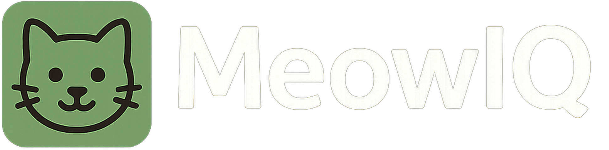 MeowIQ logo featuring a minimalist green cat face icon next to the word MeowIQ in bold white letters on a black background.